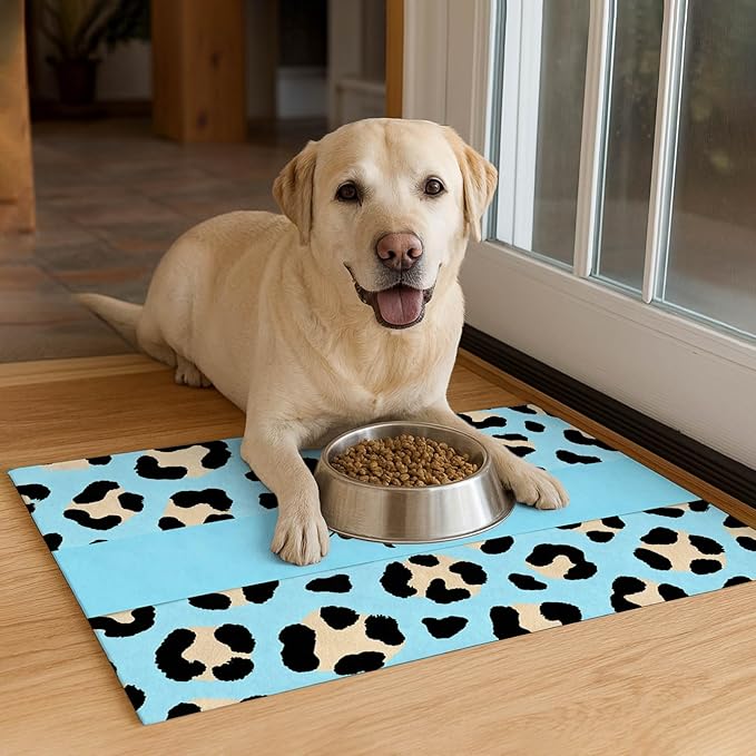 Puppy Feeding Mat 24x16 inch Blue Leopard Print Pet Bowl Placemat Non Slip Floor Mat for Food and Water Indoor Dog Feeding Station Cute Meal Pad for Small Pets Kitchen Use
