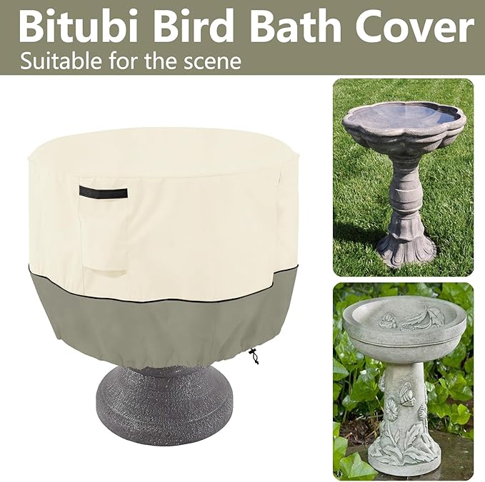 Bitubi Bird Bath Cover（24"x18"） 600D Oxford Cloth Garden Fountain Statue Protective Cover with Drawstring Waterproof Windproof Fountain Protector