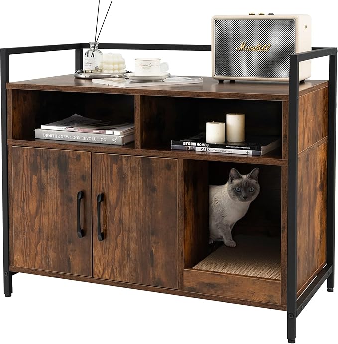 Giantex Cat Litter Box Enclosure - Cat Washroom Hidden Furniture with Front Entry, Scratcher, 2-Door Storage Cabinet, 2 Compartments, Air Vents, Metal Frame, Wooden Pet Crate House (Rustic Brown)