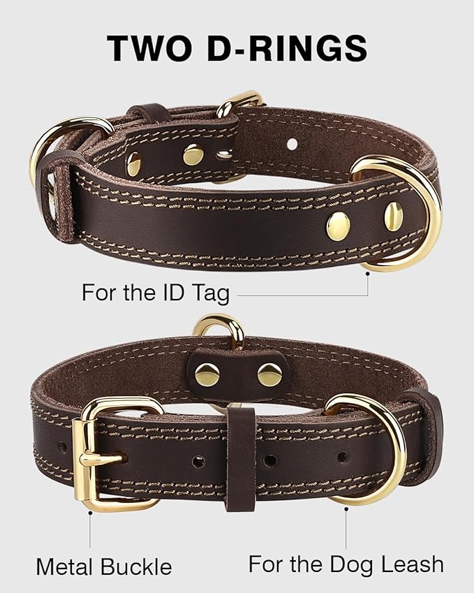 Joytale Leather Dog Collar for Medium Dogs, Genuine Thick Solid Leather, Heavy Duty Sturdy Pet Collar, Adjustable Metal Pin Buckle for Reliable Daily Training and Walking, Brown, M