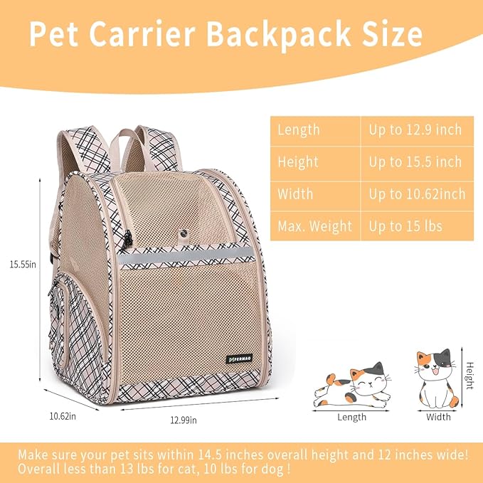 Cat Backpack Carrier for Small Dogs and Medium cat Puppy Kitten Bunny Pet Carrier Backpack Collapsible with Fully Ventilated Mesh with Safety Leash (Khaki, 12.9" L x 10.62" W x 15.5" H - M)