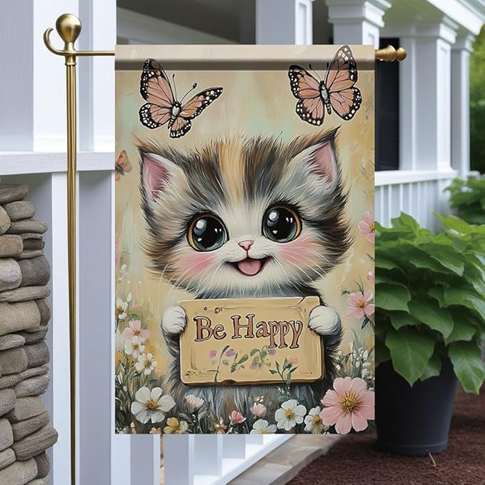 Be Happy Cat Garden Flag 12x18 Inch Double Sided Outdoor Yard Banner Cute Kitten with Butterflies and Flowers for Spring Summer Patio Porch Lawn Home Decoration