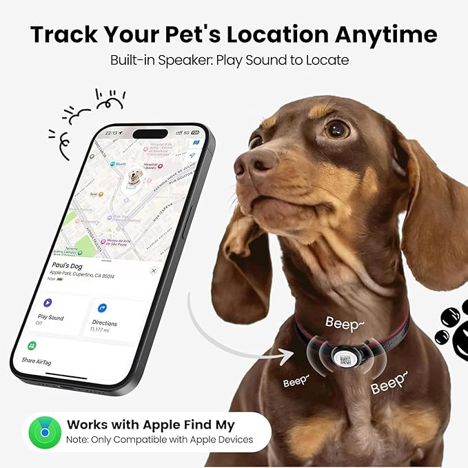 Smart Pet Tracker for Collar - Dog Trackers Location for Pet with Holder, No Monthly Fee, Real-Time Tracking, iOS Only, Emergency Contact, Long-Lasting, Anti-Lost Tracker for Cats, Bag Straps, Black