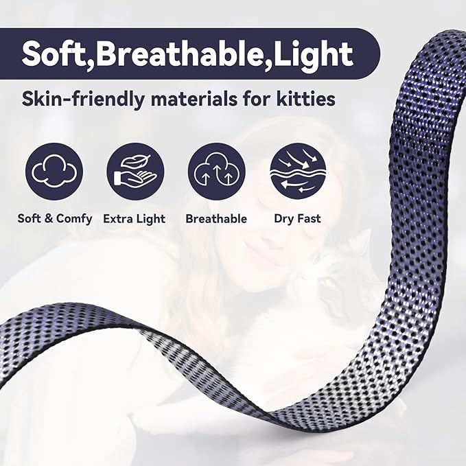 Cat Harness and Leash Set, 3-in-1 Escape Proof Adjustable, Comfortable Soft Lightweight, Safe, Easy to Wear, Walking Travel Kitten Harness for Small Medium Large Cats (Purple)