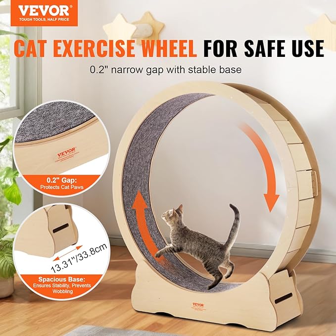 VEVOR Cat Exercise Wheel, 52" Large Cat Treadmill Wheel for Indoor Cats, Running Wheel with Detachable Carpet & Teaser for Running/Walking/Training, Suitable for Most Cats