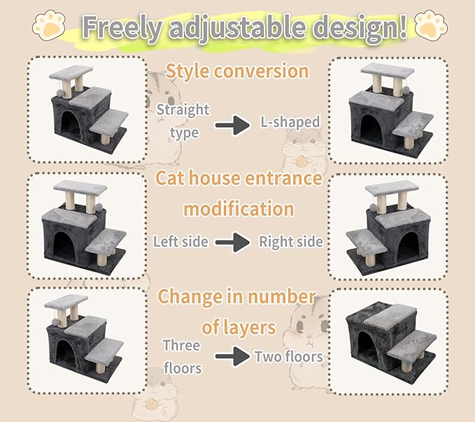 3-in-1 Pet Stairs for Cats for High Bed, Adjustable Dog Steps, Modular 3-Tier, Cushioned Steps & Cat Condo, Adjustable Entrance, Dangling Ball, for Kittens, Senior & Cats (Grey, Medium)