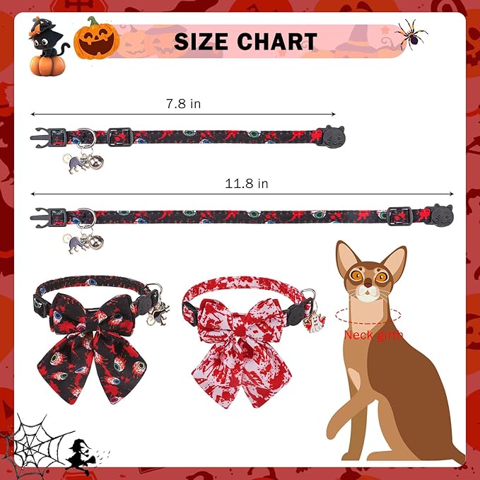 SCENEREAL Halloween Cat Collar with Bell & Stylish Bowtie, Bloody Pattern Breakaway Cat Collars Accessories for Boy Girl Small Cats, Holiday Fall Kitten Costumes for Female Male Pets