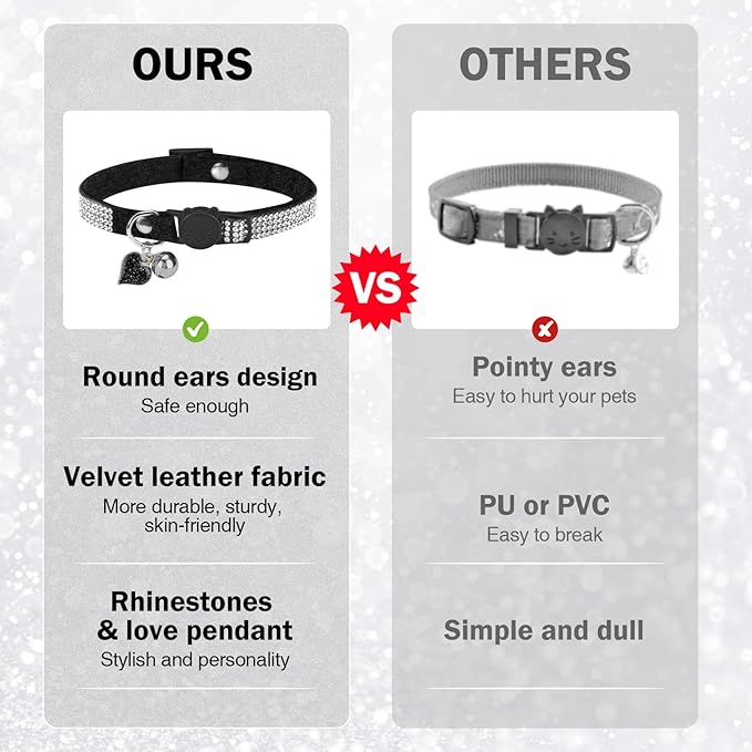 Rhinestone Cat Collar Breakaway with Bell, Diamond Cat Collar with Safety Buckle Quick Release for Girl Boy Small Kitten Pets Puppy,Cute Soft Female Male Cat Collars, Color Pink & Black 7-9"