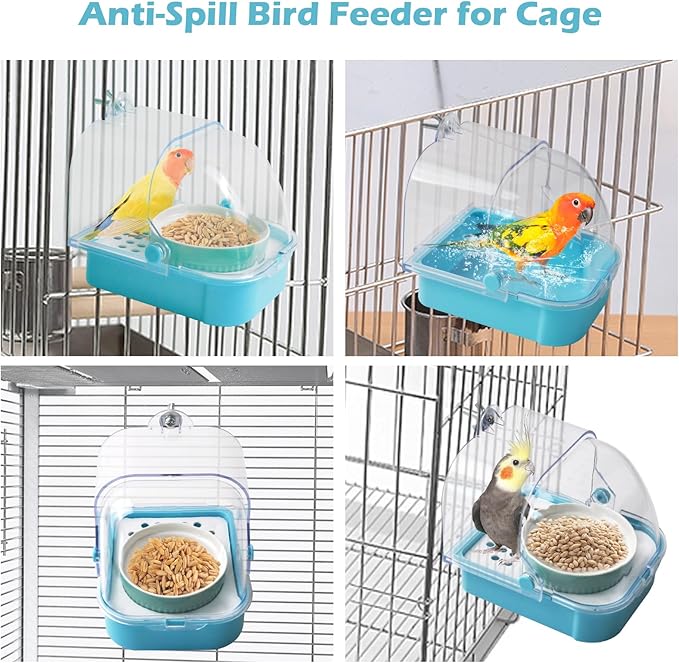 2 in 1 No Mess Bird Feeder,Bird Cage Feeder with Ceramic Bowl and Parrot Bathtub with Bottom Drawer Hanging Tube Shower Box for Birds Budgies Parakeet Small Parrot Cockatiels(Blue)