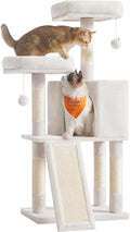 Feandrea Cat Tree, 45.3-Inch Cat Tower, Plush Condo with Scratching Post, Ramp, Perch, Spacious Cave, for Small Space, Cream White UPCT141W02