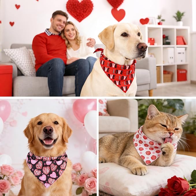 PAWCHIE Valentine's Day Dog Bandanas 4 Pack, Reversible Dog Party Triangle Scarf Bibs,Pet Holiday Costume with Adjustable Snaps,Multiple Love-Themed Patterns for Medium Dogs Puppy,Cats Pets, S