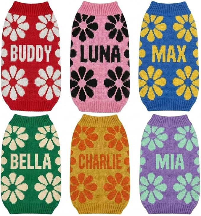 Custom Knit Sweater for Dogs and Cats with Personalized Name, Flower Pattern, Soft Knit Winter Apparel, Ideal for Pet Lovers, Cozy and Stylish Pet Clothing