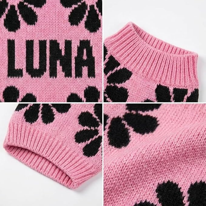 Custom Knit Sweater for Dogs and Cats with Personalized Name, Flower Pattern, Soft Knit Winter Apparel, Ideal for Pet Lovers, Cozy and Stylish Pet Clothing