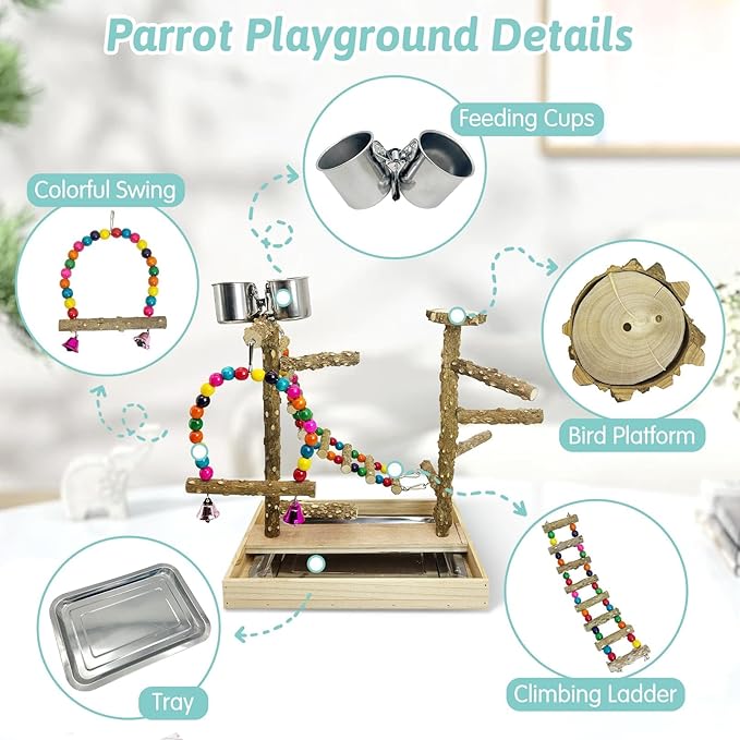 PINVNBY Bird Playground Natural Wood Bird Play Stand with Climb Ladder Swing Tray and Stainless Steel Cups Cage Accessories for Conure Cockatiel Parakeet Lovebird