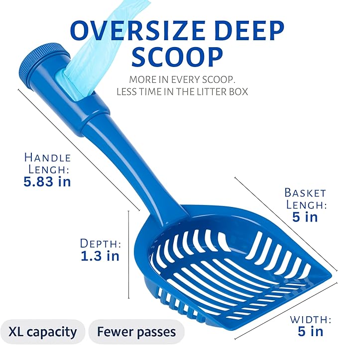 2-in-1 Pooper Scooper with Bag Attachment, Cat Litter Shovel Scoop with Bag, Built-in Dispenser, Includes Trash Roll, Rinse-Clean, Anti-Stick, Smart Sifter, Long Handle (Blue)