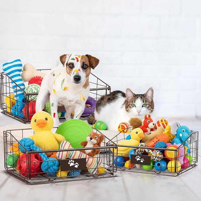 Mimorou 3 Pack Metal Dog Toy Baskets Multi-sized Foldable Dog Toy Bins Box Storage Container Organizer for Living Room Area Decorative Pet Accessories Coat Clothing Storage Holder Baskets(Bronze)