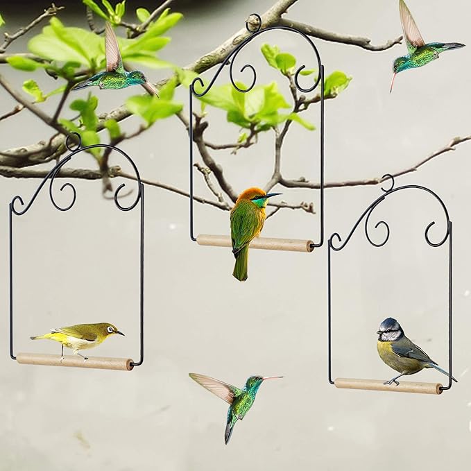winemana Set of 3 Hummingbird Swings, Rust Resistant Metal Frame, Wooden Dowel, Attach to Bird Feeders, Perfect for Hanging Indoor Office Outdoor Trunk Lawn Patio Garden (7.5" x 5.6")