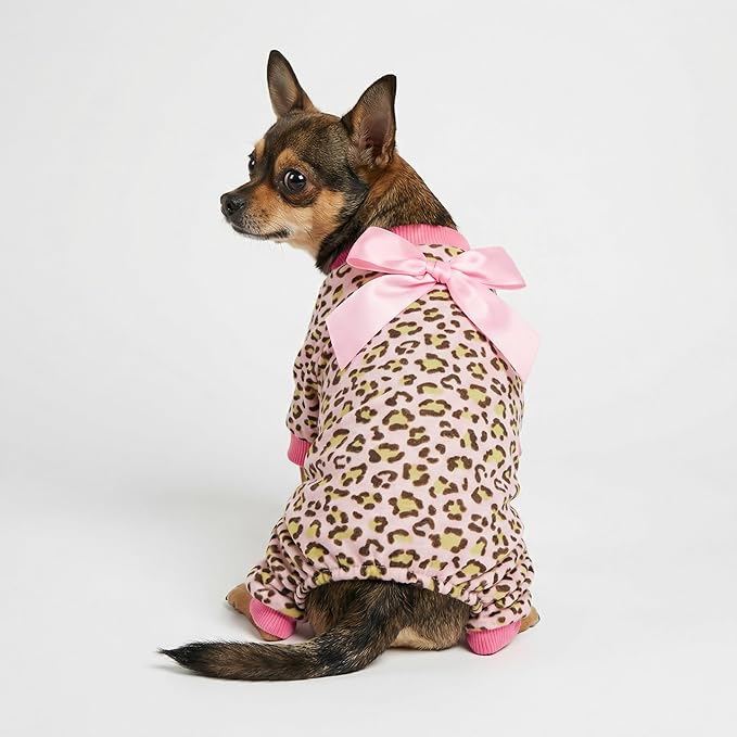 Fitwarm Leopard Dog Pajamas, Fleece Dog Clothes for Small Dogs Girl with Legs, Pet Onesie, Cat Outfit, Pink, XXL
