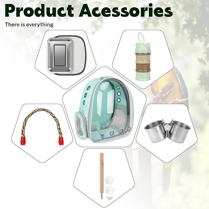 Rypet Bird Carrier Backpack Parrot Portable Breathable Bag Pet Bird Lightweight Travel Cage with Standing Perch and Stainless Steel Tray（Mint Green）