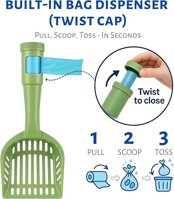 2-in-1 Pooper Scooper with Bag Attachment, Cat Litter Shovel Scoop with Bag, Built-in Dispenser, Includes Trash Roll, Rinse-Clean, Anti-Stick, Smart Sifter, Long Handle (Green)