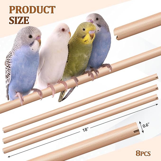Sintuff 8 Pcs Bird Perches for Cage Accessories, Wooden Perch Rods Replacement with Double Head Slots, 0.6 Inch Diameter Natural Wood Stand for Parrot Macaw Cockatoo Parakeet(18 Inches)