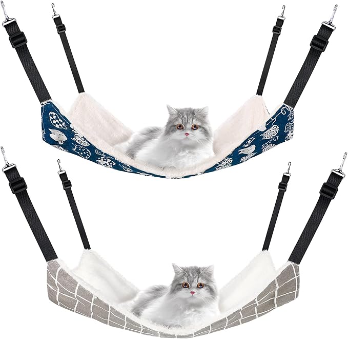 Jetec 2 Pack Cat Hammock for Cage, Catio Accessories Reversible Soft Cats Bed with Adjustable Straps and Hooks Double-Sided Linen and Fleece Hanging Hammock for Cats, Kitten(Cat and Plaid,L)