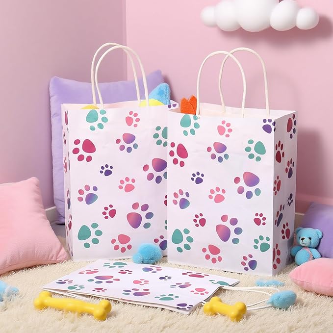 Blulu 20 Pcs Puppy Dog Paw Gift Bags with Twist Handles, Dog Gift Paper Paw Treat Goodie Bags for PET Treat Party Favor, 6.3 x 3.1 x 8.6 Inch(Pink,Purple)