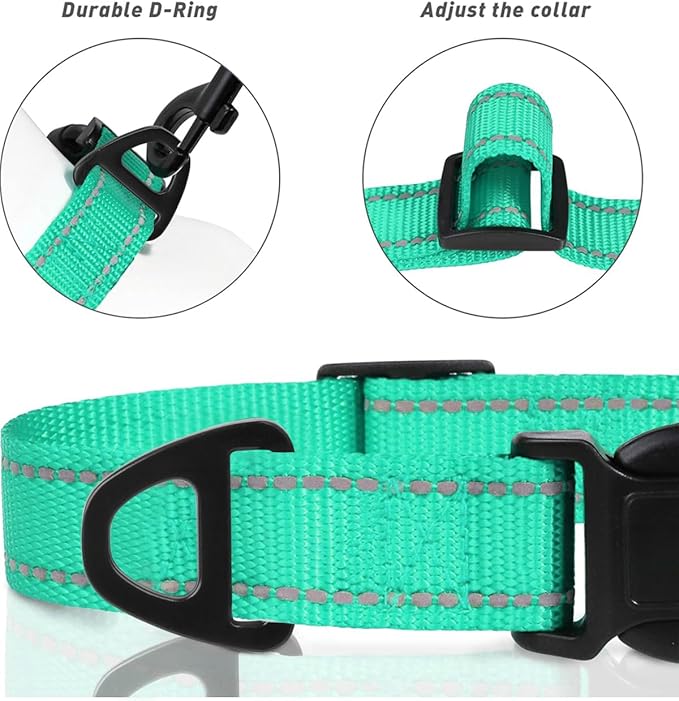 TagME Reflective Nylon Dog Collars, Adjustable Classic Pet Collar with Quick Release Buckle for Medium Dogs, Turquoise, 1.0" Width
