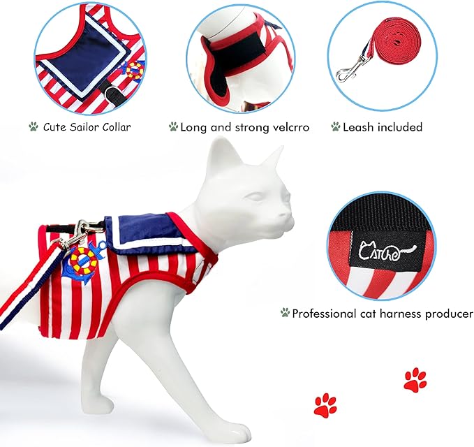 Cat Harness and Leash for Walking Escape Proof, Adjustable Cat Vest Harness, Padded Stylish Cat Walking Jackets, Sailor Suit Red, Medium