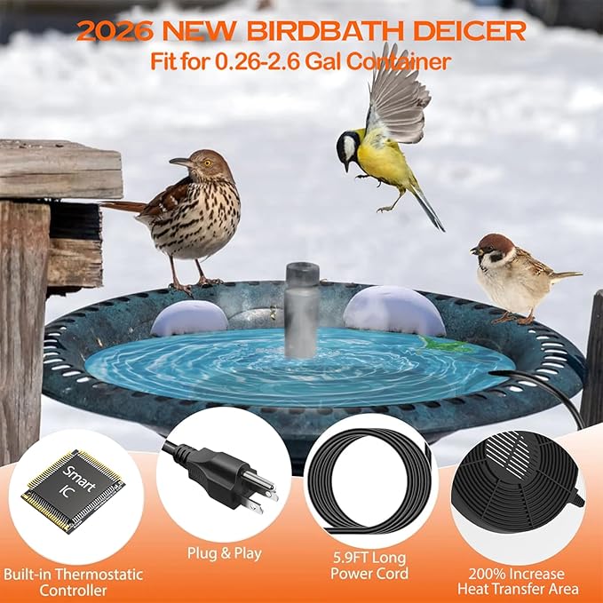 Bird Bath Heater for Outdoors in Winter, 70w Birdbath Deicer Thermostatic Controller Water Heater with 5FT Cable for Birdbaths, Chicken, Duck, Livestock, Poulty, Animal, Tank, Buckets