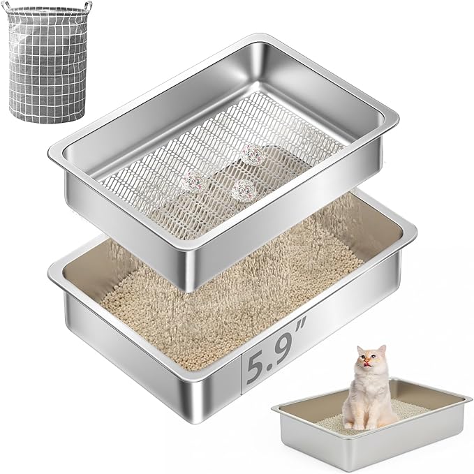 Teheao Stainless Steel Sifting Cat Litter Box for Clumping Litter, XL Extra Large Metal Sifter Tray Pan with Cat Litter Bag, Low Dust, Odor Control, Easy Cleaning (19.7"*13.8"*5.9")