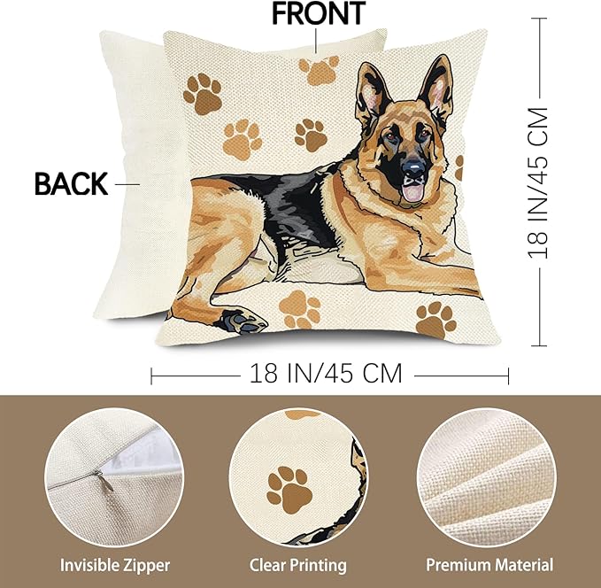 German Shepherd Dog Decorative Throw Pillow Cover 18 x 18, Cute Puppy Paw Prints Porch Outdoor Home Decor, Sofa Couch Cushion Case Pet Dog Owner Lover Gifts