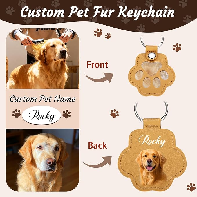 Personalized Dog Hair Keychain with Photo Name, Custom Pet Fur Keepsake, Pet Memorial Gifts for Dogs,Pets Paw Shaped Leather Keychain, Cat Memorial Gifts for Loss of Cat, Christmas Gift for Dog Lover