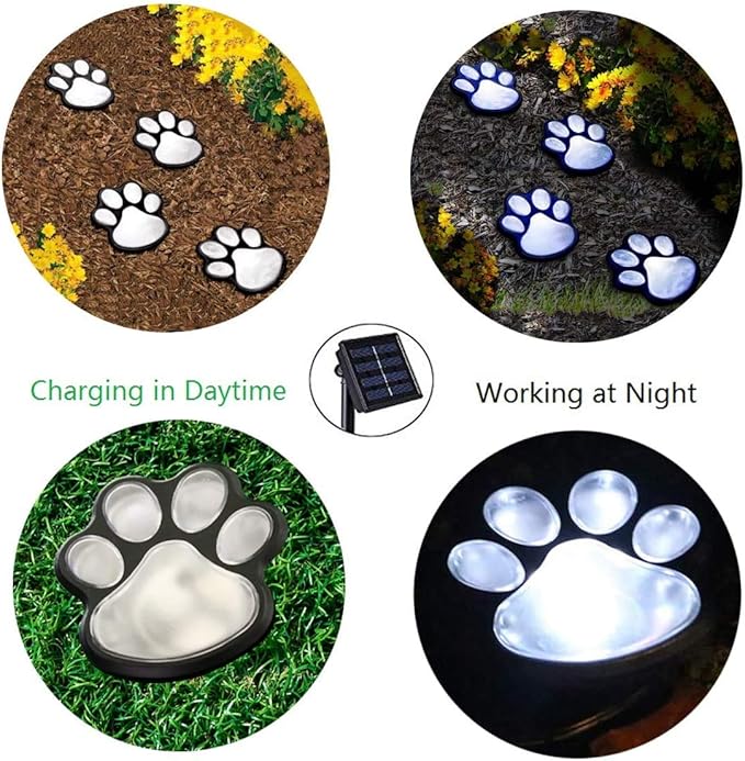 Elnsivo Paw Print Solar Outdoor Lights, Solar Lights Outdoor Waterproof Dog Paw Light (Set of 4), Cat Puppy Animal Garden Light Path Lamp Walkway Lighting for Patio,Yard, Any Pet Lover (White paw)