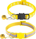 2 Pack Breakaway Cat Collars with Bells, Reflective Design and Claw Print Design, Safety Buckle Kitten Collars Adjustable from 7.5 to 12.5 Inches (Yellow)