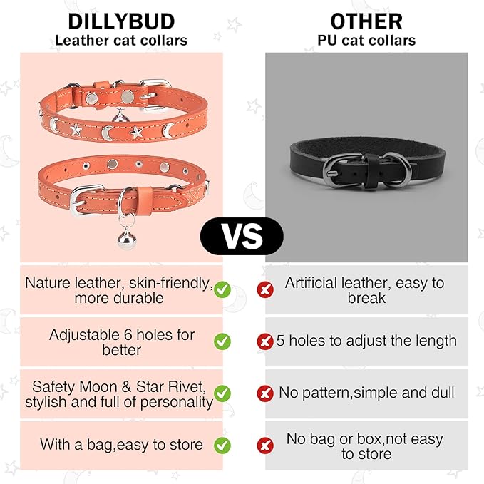 Leather Cat Collars for Boy Girl Cats with Bell and Safety Elastic Belt, Personalized Star and Moon Stud Adjustable Safe Buckle Collar for Kitty Small Big Cats Size 8-12 Inch, Orange
