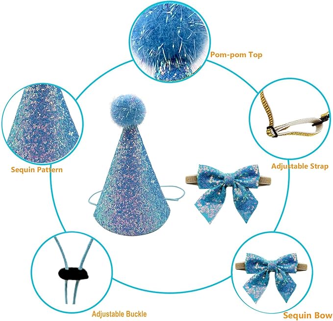 Christmas Pet Party Jazz Hat and Blingbling Bow Tie Breakaway Collar Set, Adjustable Headband for Kitten Puppy Small Dogs Cats (Azure)