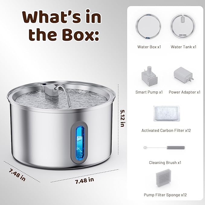 Cat Water Fountain Stainless Steel, 3.2L Cat Fountains for Drinking with Smart Quiet Pump and Water Level Window, Easy-to-Clean Automatic Pet Water Dispenser (3.2L Fountain with 12 Filters)