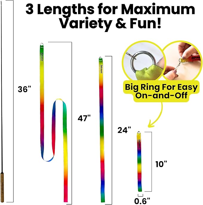 Forever Stick Cat Toys Pack Bundle - The Unbreakable Cat Wand Toy with Extra Cat Wand Strings, Rainbow Ribbons and 6 Feather Toys, Refill Toys Bundle Pack, Replacement Lures Attachment Toys