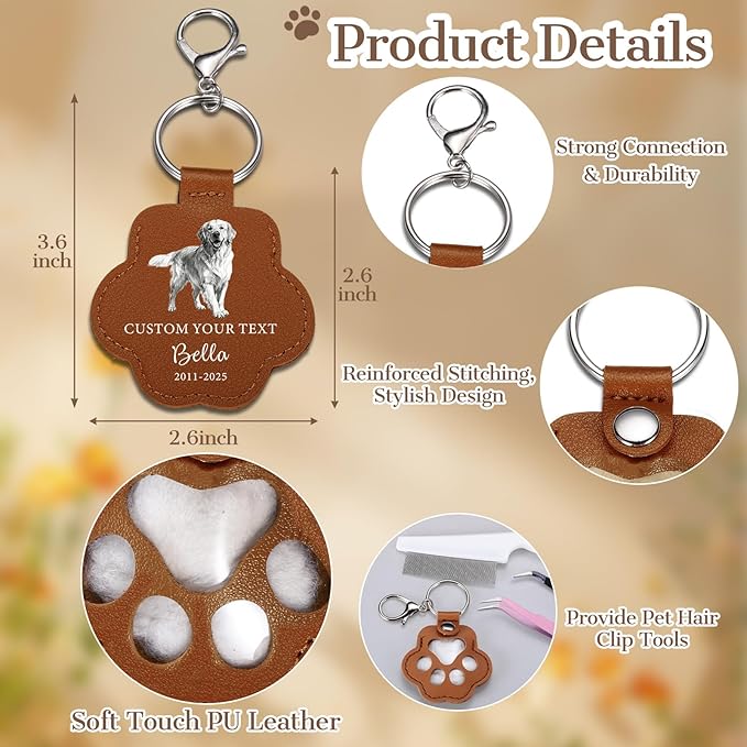 Eunigem Personalized Pet Memorial Gifts for Dogs Cats-Custom Dog Hair Keychain Paw Keychains for Dog Fur-Shaped Leather Keychain,Remembrance Accessory Pet Hair Keepsake for Bag or Key (Color-9)
