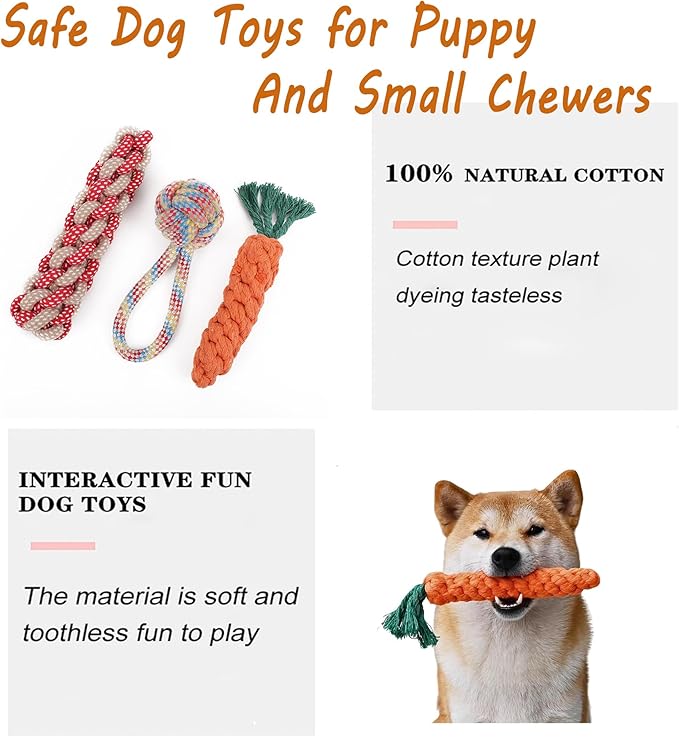 3PCS Natural Cotton Rope Toys for Small Dogs and Puppies, Dog Dental Care Chew Toys for Teething, Anxiety Relief, Helps Clean Teeth & Prevent Furniture Destruction(Corn cob Set)