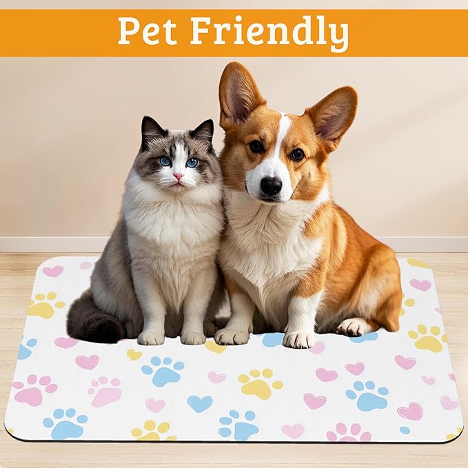 Dog Bowl Mat,Colorful Dog Paws Pet Feeding Mat for Floors Waterproof,Animal Absorbent Dogs Placemat for Food and Water Quick Dry Pet Cat Feeding Mats with Non Slip Bottom 16" x 24"