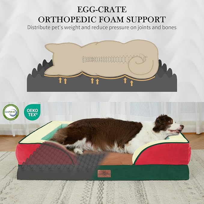 Comfort Expression Orthopedic Dog Bed for Extra Large Dogs 45x35 Inch, Waterproof Egg Crate Foam XL Pet Bed with Removable Bolsters, Dog Couch with Washable Cover & Non-Slip Bottom, Watermelon Mist