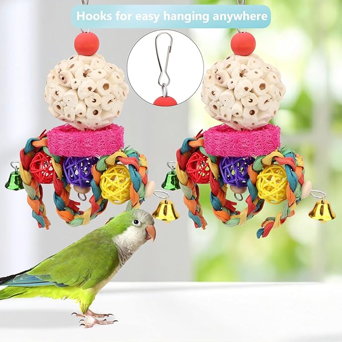 Wontee Bird Toys 3 Pack Parrot Foraging Hanging Toys Sola Ball Natural Nuts Chew Toys for Cockatiels Conures Parakeets Budgies Senegal (2 Pack-Colorful)