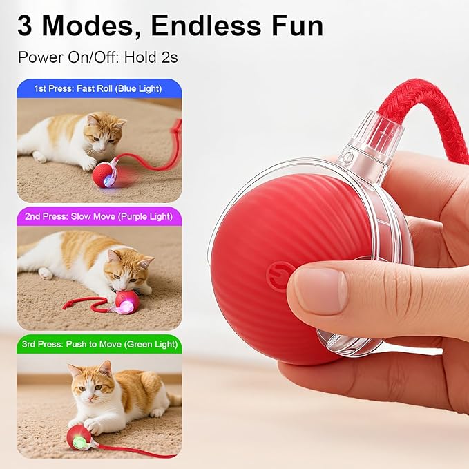 Interactive Electric Automatic Rolling Moving USB Rechargeable Self Activated Play Stimulation Toy Smart Chase Teaser Ball with Speedy Tail Rope for Bored Adult Indoor Cats and Dogs, Yellow