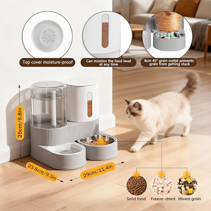 Automatic Gravity Cat Dog Feeder and Water Dispenser with 304 Stainless Steel Bowls 2 in 1 360 Degree Rotatable Auto 2.4L Dry Food and 2.6L Water Bowl for Small Medium Pet Dog Puppy Kitten (Gray)