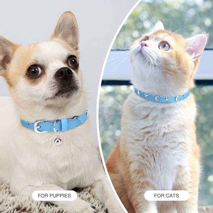 Leather Cat Collars for Boy Girl Cats with Bell and Safety Elastic Belt, Personalized Star and Moon Stud Adjustable Safe Buckle Collar for Kitty Small Big Cats Size 7-9 Inch, Light Blue