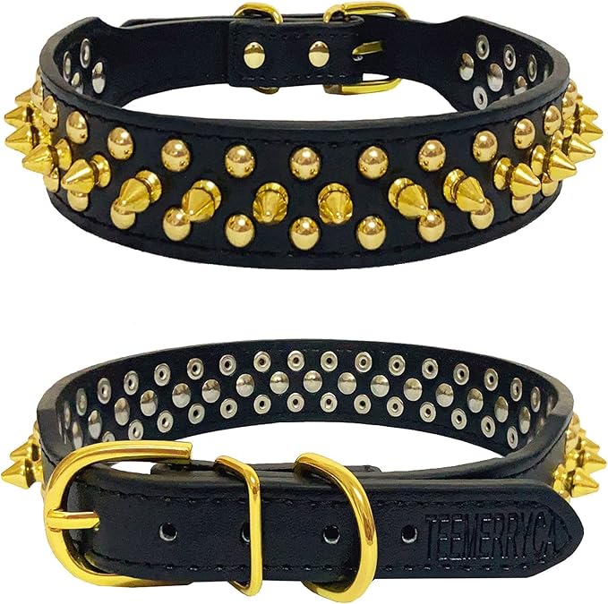TEEMERRYCA Black Leather Dog Collar with Gold Spikes for Small Medium Large Pets,Pit Bulls/Bulldog, Keep Dog Safe from Grabbing by Huge Dogs,XXL(19.7"-22.4")