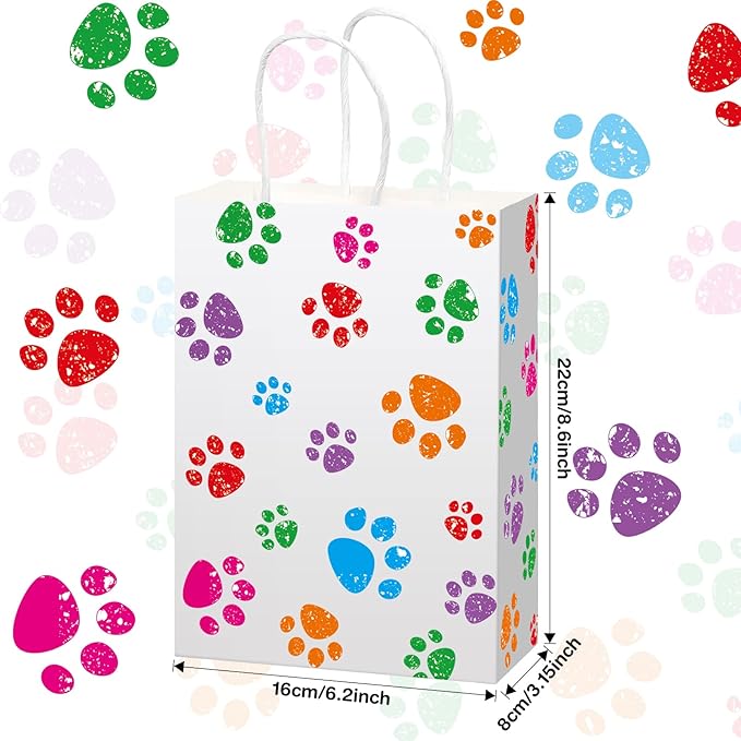 Blulu 20 Pcs Puppy Dog Paw Gift Bags with Paper Twist Handles, Dog Gift Paper Paw Treat Goodie Bags for PET Treat Party Favor, 6.3 x 3.1 x 8.6 Inch(White Backing, Colorful Paws)