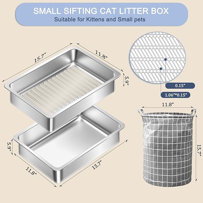Teheao 2 Pack Stainless Steel Sifting Cat Litter Box for Clumping Litter, Kitty Large Metal Sifter Tray Pan with Cat Litter Bag, Low Dust, Odor Control, Easy Cleaning (15.7"*11.8"*5.9")